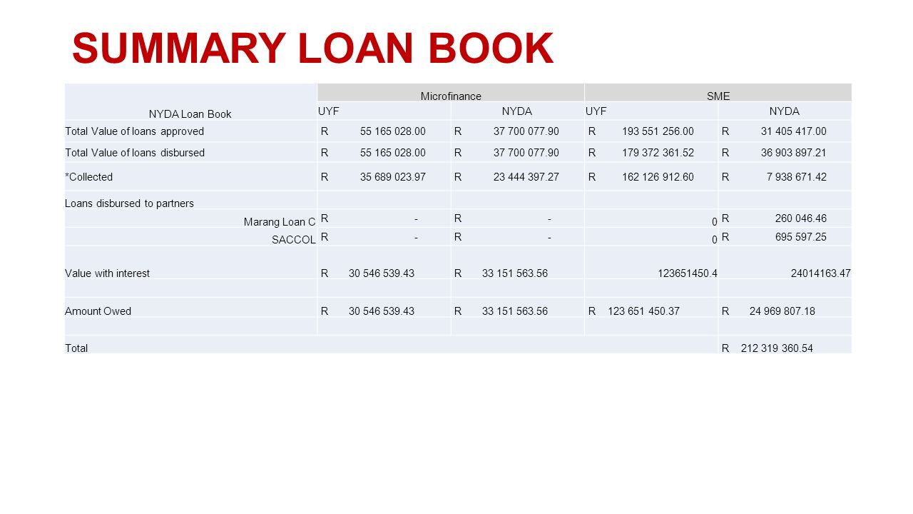 Portfolio Report January Summary Loan Book Nyda Loan Book Microfinancesme Uyfnydauyfnyda Total Value Of Loans Approved R R Ppt Download