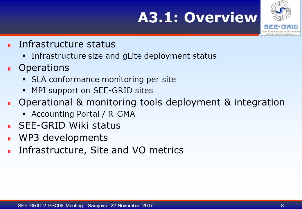 SEE-GRID-2 PSC06 Meeting - Sarajevo, 22 November A3.1: Overview Infrastructure status  Infrastructure size and gLite deployment status Operations  SLA conformance monitoring per site  MPI support on SEE-GRID sites Operational & monitoring tools deployment & integration  Accounting Portal / R-GMA SEE-GRID Wiki status WP3 developments Infrastructure, Site and VO metrics