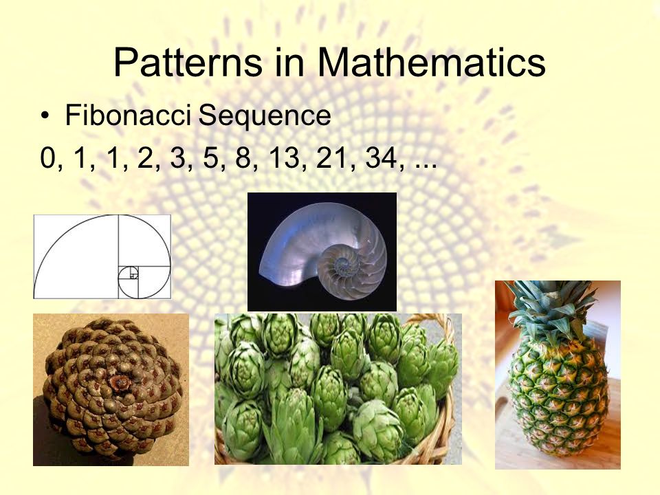 Patterns in Mathematics Fibonacci Sequence 0, 1, 1, 2, 3, 5, 8, 13, 21, 34,...