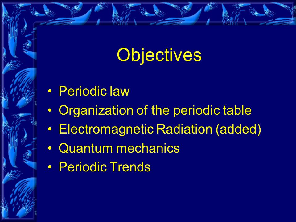 Objectives Periodic law Organization of the periodic table Electromagnetic Radiation (added) Quantum mechanics Periodic Trends