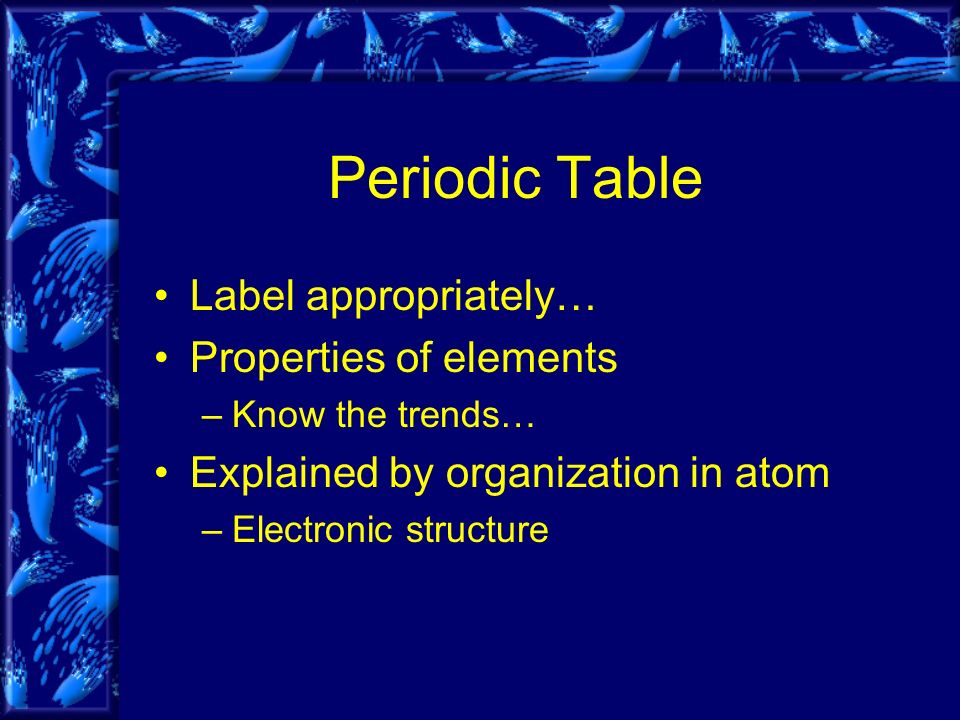 Periodic Table Label appropriately… Properties of elements –Know the trends… Explained by organization in atom –Electronic structure