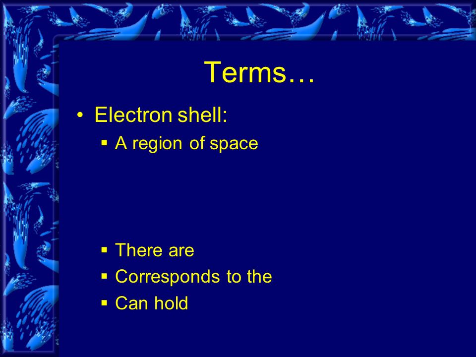 Terms… Electron shell:  A region of space  There are  Corresponds to the  Can hold