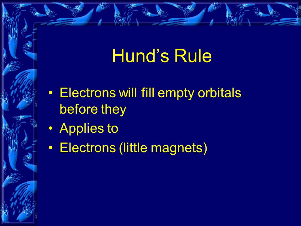 Hund’s Rule Electrons will fill empty orbitals before they Applies to Electrons (little magnets)