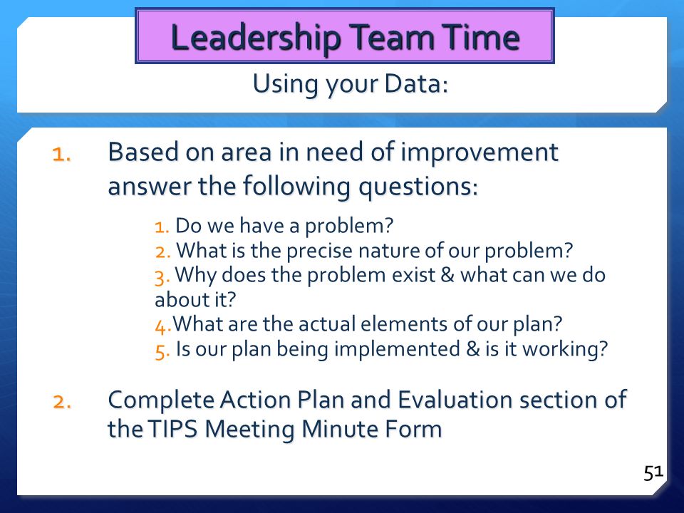 Leadership Team Time Using your Data: 1.Based on area in need of improvement answer the following questions: 1.