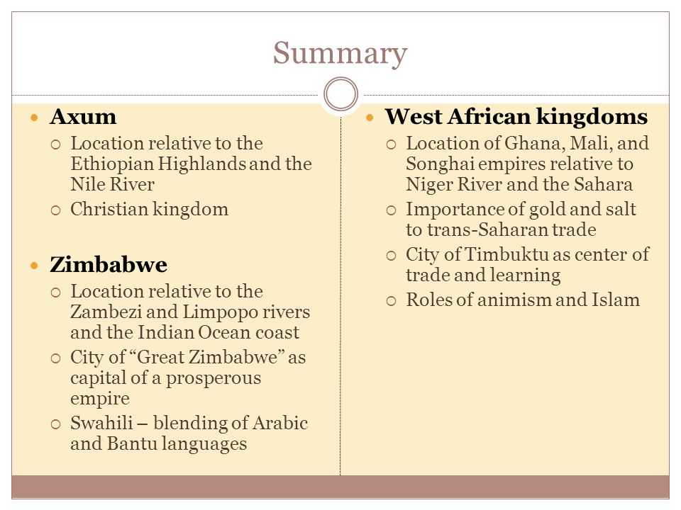 Summary Axum  Location relative to the Ethiopian Highlands and the Nile River  Christian kingdom Zimbabwe  Location relative to the Zambezi and Limpopo rivers and the Indian Ocean coast  City of Great Zimbabwe as capital of a prosperous empire  Swahili – blending of Arabic and Bantu languages West African kingdoms  Location of Ghana, Mali, and Songhai empires relative to Niger River and the Sahara  Importance of gold and salt to trans-Saharan trade  City of Timbuktu as center of trade and learning  Roles of animism and Islam