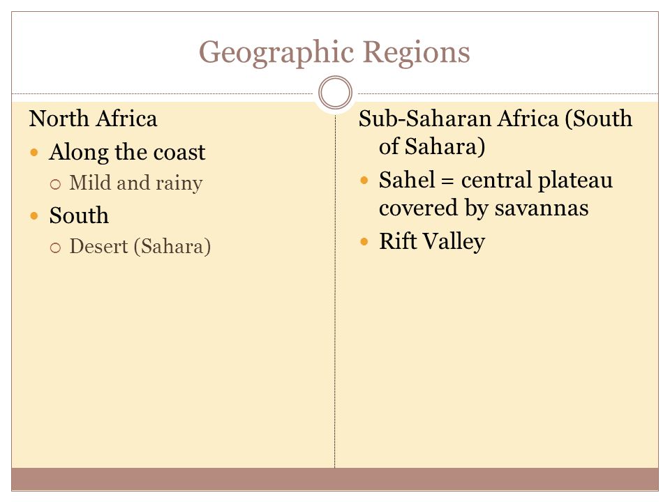 Geographic Regions North Africa Along the coast  Mild and rainy South  Desert (Sahara) Sub-Saharan Africa (South of Sahara) Sahel = central plateau covered by savannas Rift Valley