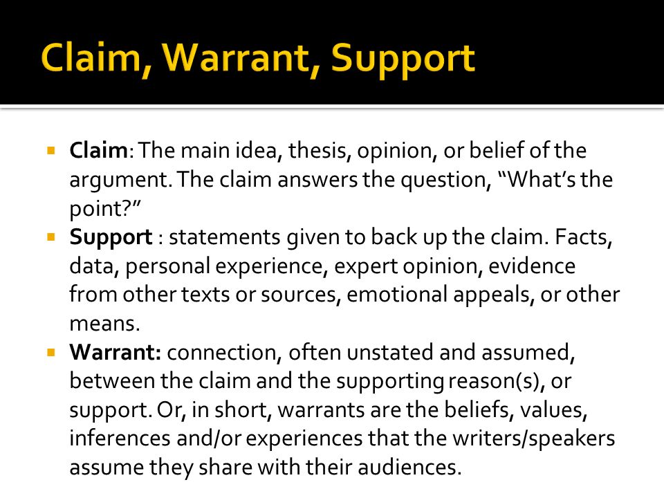  Claim: The main idea, thesis, opinion, or belief of the argument.