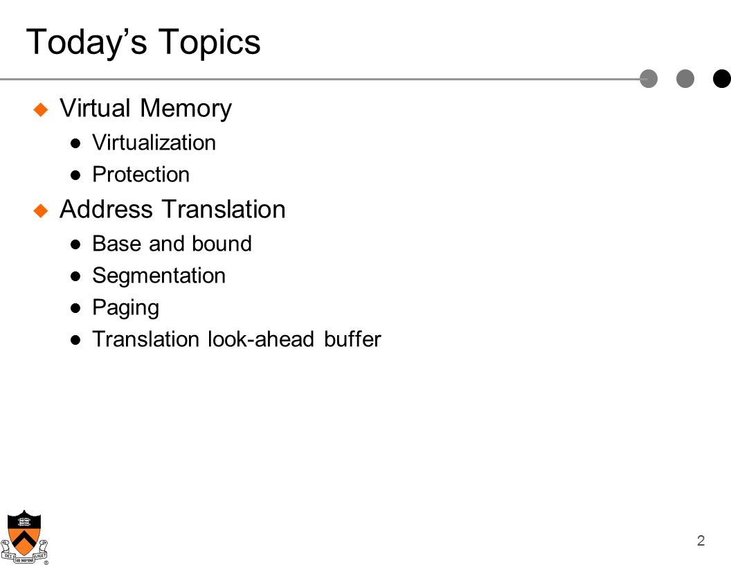 2 Today’s Topics  Virtual Memory Virtualization Protection  Address Translation Base and bound Segmentation Paging Translation look-ahead buffer