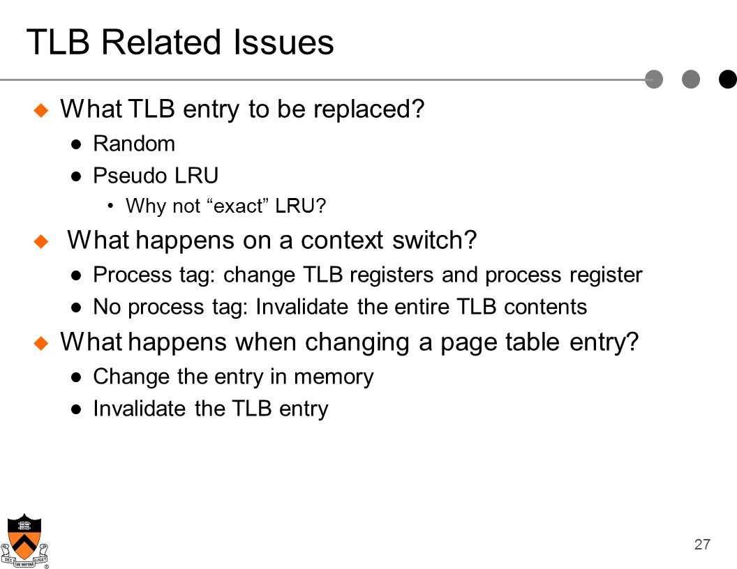 27 TLB Related Issues  What TLB entry to be replaced.