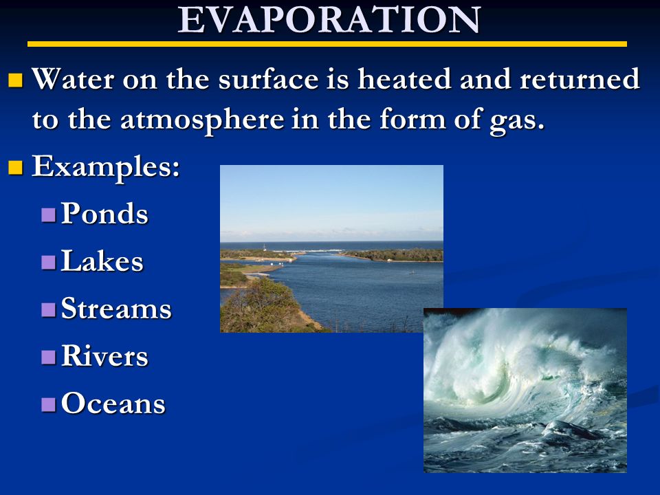 EVAPORATION Water on the surface is heated and returned to the atmosphere in the form of gas.