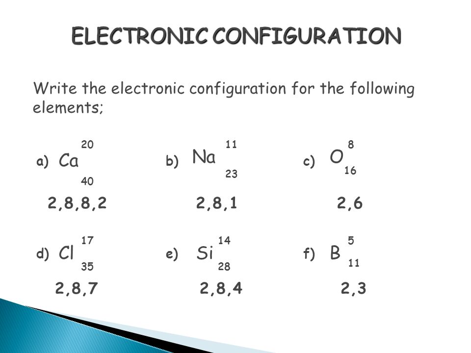 ELECTRONIC CONFIGURATION Write the electronic configuration for the following elements; Ca O ClSi Na B 11 5 a)b)c) d)e)f) 2,8,8,22,8,1 2,8,72,8,42,3 2,6