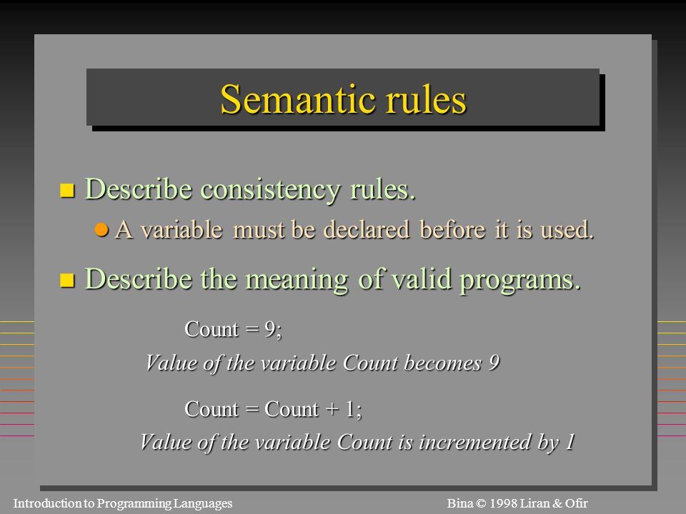 Introduction to Programming Languages S1.3.10Bina © 1998 Liran & Ofir Semantic rules n Describe consistency rules.