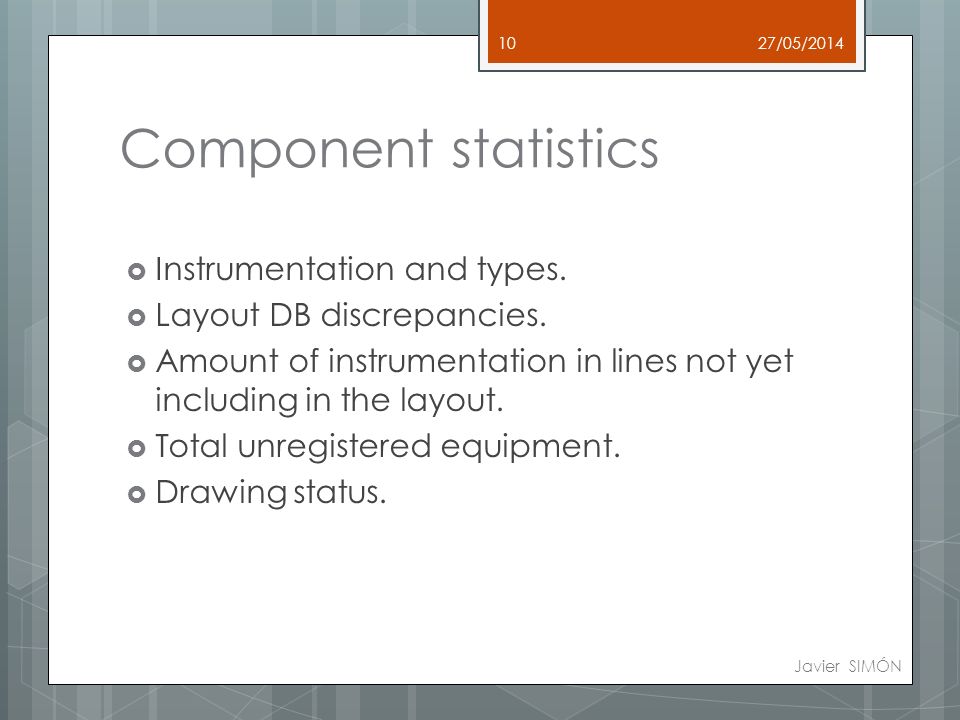 Component statistics 27/05/2014 Javier SIMÓN 10  Instrumentation and types.