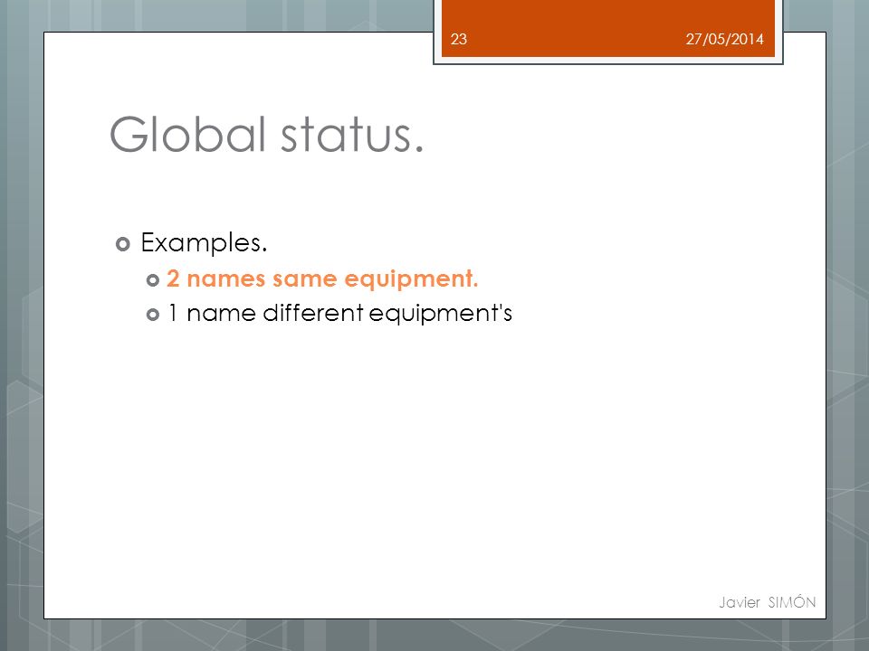 Global status.  Examples.  2 names same equipment.