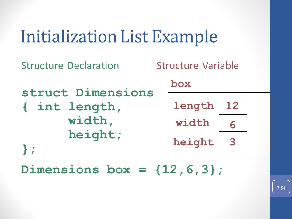 Initialization List Example Structure Declaration Structure Variable struct Dimensions { int length, width, height; }; Dimensions box = {12,6,3}; 7-54 box length12 width 6 height3