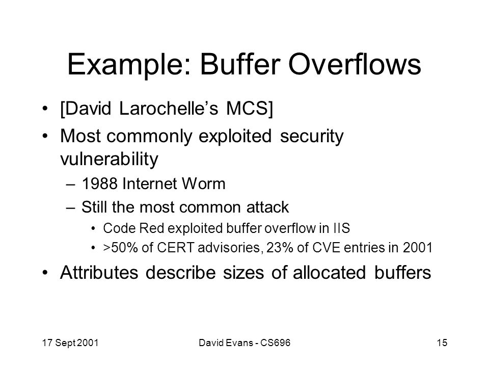 17 Sept 2001David Evans - CS69615 Example: Buffer Overflows [David Larochelle’s MCS] Most commonly exploited security vulnerability –1988 Internet Worm –Still the most common attack Code Red exploited buffer overflow in IIS >50% of CERT advisories, 23% of CVE entries in 2001 Attributes describe sizes of allocated buffers