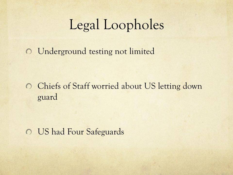 Legal Loopholes Underground testing not limited Chiefs of Staff worried about US letting down guard US had Four Safeguards