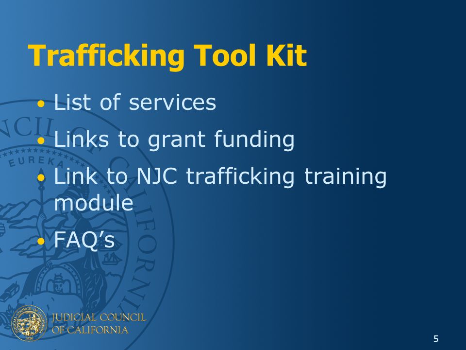 Trafficking Tool Kit List of services Links to grant funding Link to NJC trafficking training module FAQ’s 5
