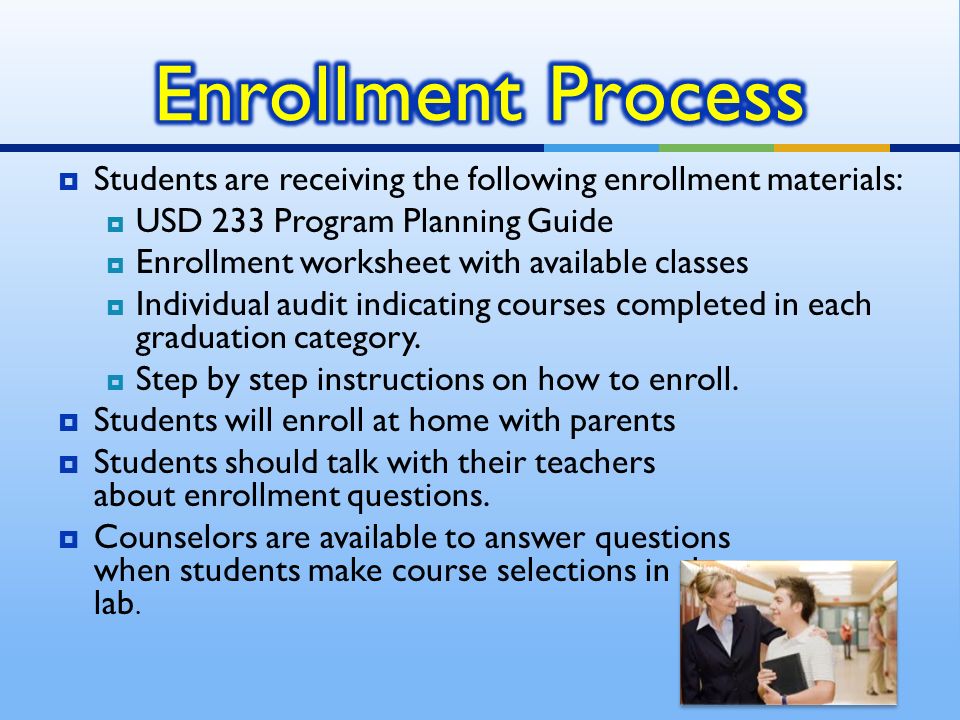  Students are receiving the following enrollment materials:  USD 233 Program Planning Guide  Enrollment worksheet with available classes  Individual audit indicating courses completed in each graduation category.