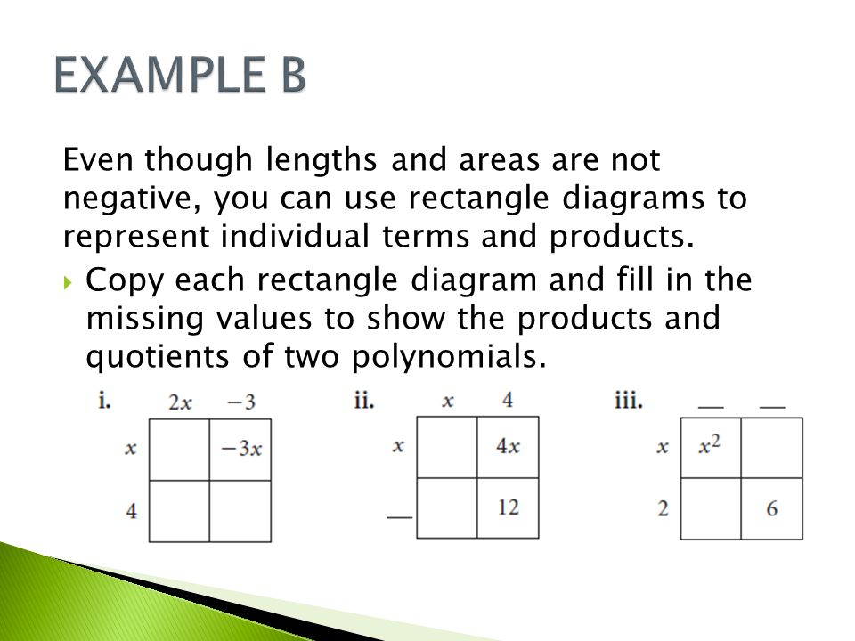 Even though lengths and areas are not negative, you can use rectangle diagrams to represent individual terms and products.