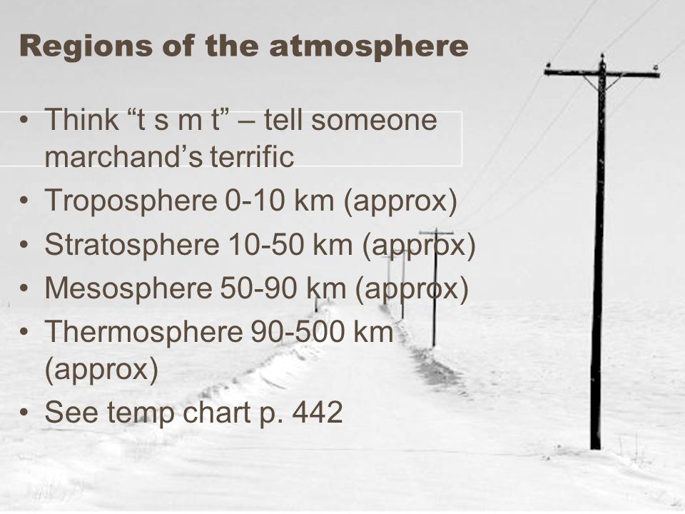 Regions of the atmosphere Think t s m t – tell someone marchand’s terrific Troposphere 0-10 km (approx) Stratosphere km (approx) Mesosphere km (approx) Thermosphere km (approx) See temp chart p.