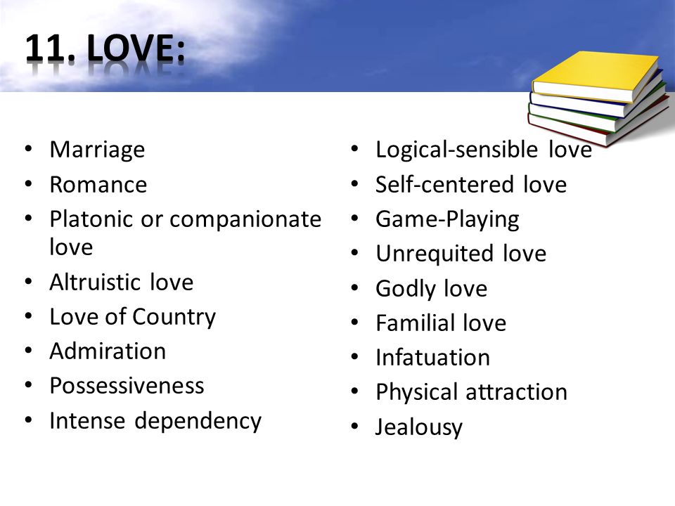 Marriage Romance Platonic or companionate love Altruistic love Love of Country Admiration Possessiveness Intense dependency Logical-sensible love Self-centered love Game-Playing Unrequited love Godly love Familial love Infatuation Physical attraction Jealousy