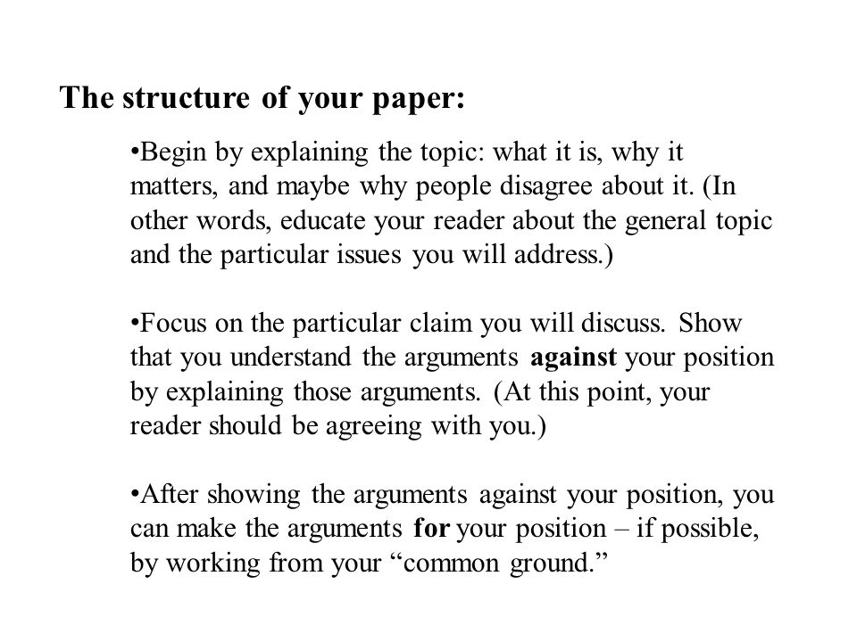 The structure of your paper: Begin by explaining the topic: what it is, why it matters, and maybe why people disagree about it.
