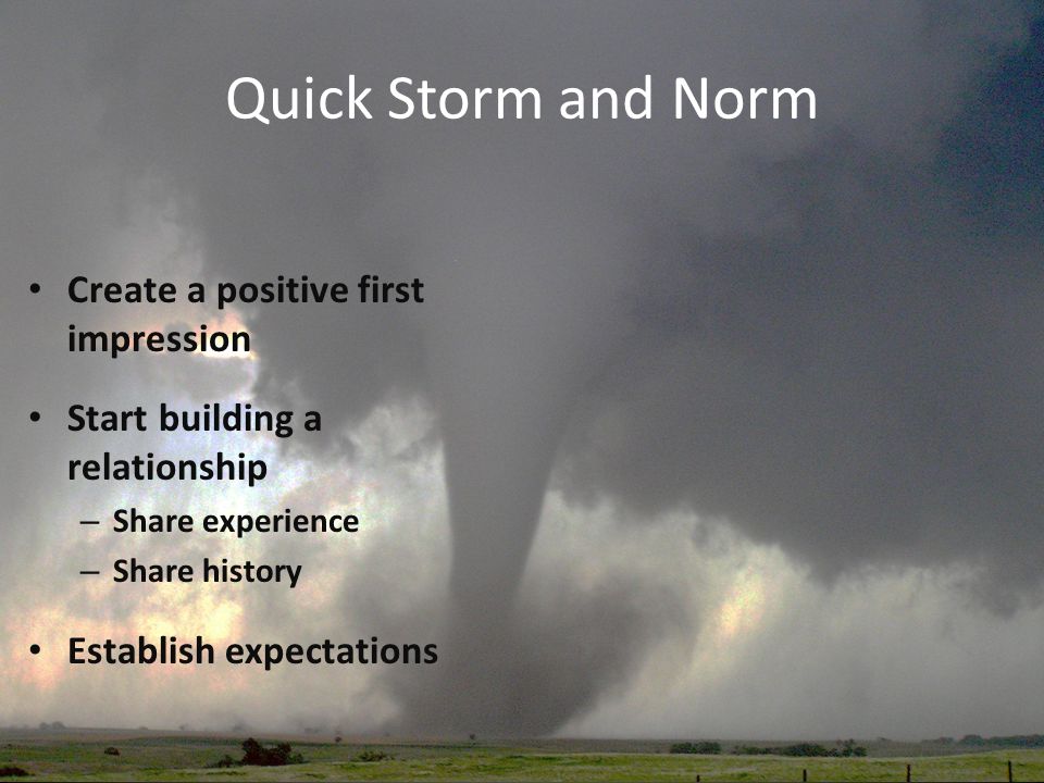 Quick Storm and Norm Create a positive first impression Start building a relationship – Share experience – Share history Establish expectations