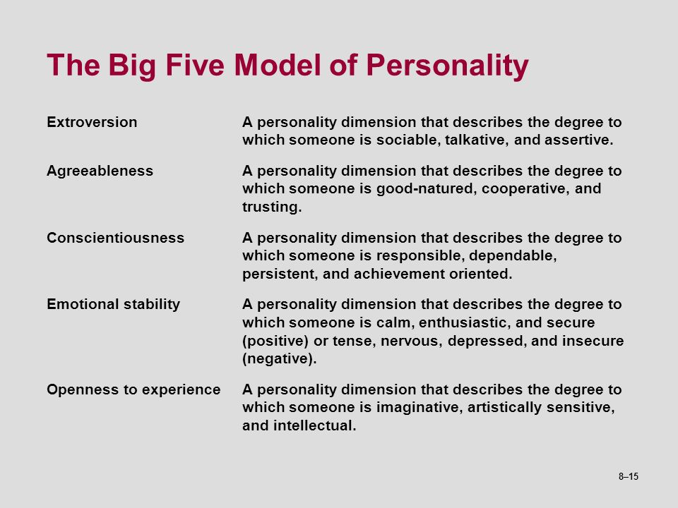 8–15 The Big Five Model of Personality ExtroversionA personality dimension that describes the degree to which someone is sociable, talkative, and assertive.
