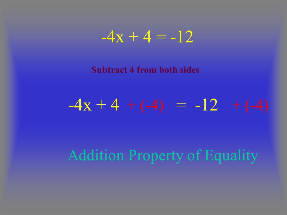 -4x + 4 = (-4) Addition Property of Equality Subtract 4 from both sides