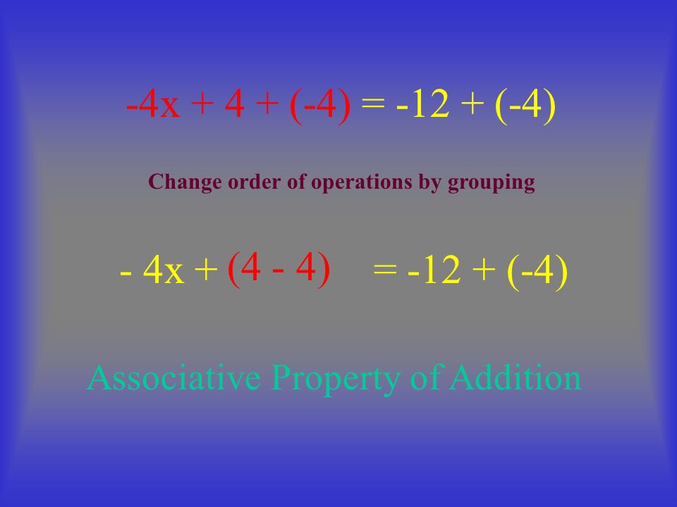 - 4x + = (-4) -4x (-4) = (-4) (4 - 4) Associative Property of Addition Change order of operations by grouping