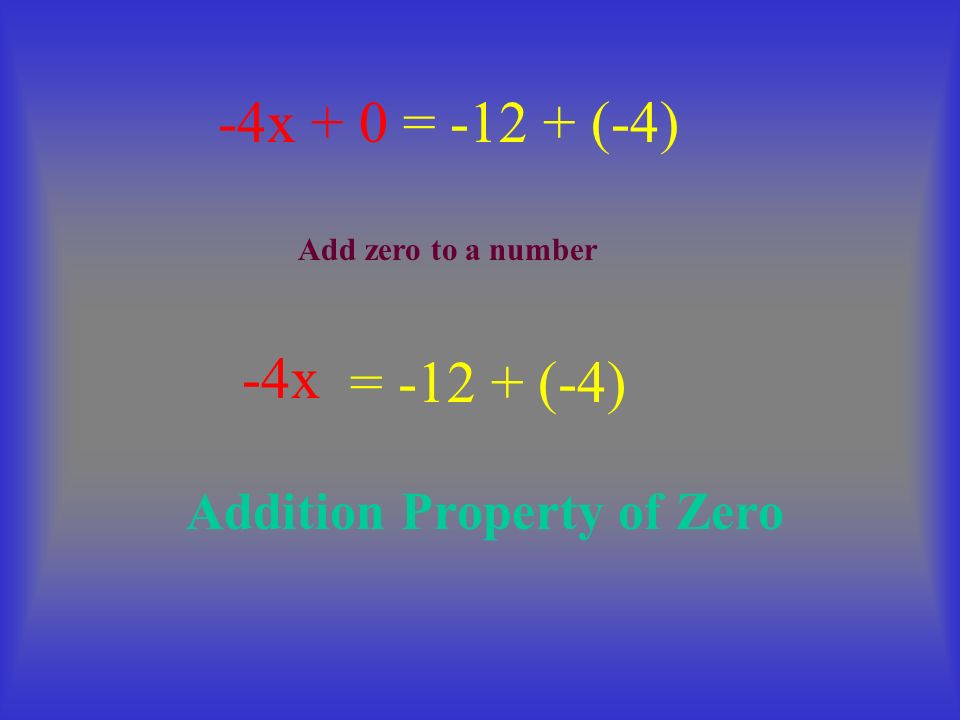 = (-4) -4x + 0 = (-4) -4x Addition Property of Zero Add zero to a number