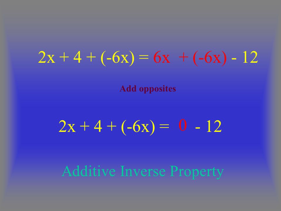 2x (-6x) = x (-6x) = 6x + (-6x) Additive Inverse Property Add opposites