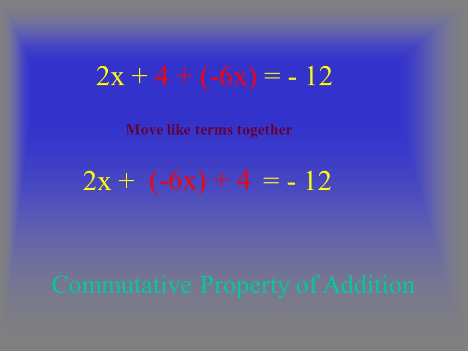 2x + = - 12 (-6x) + 4 Commutative Property of Addition 2x (-6x) = - 12 Move like terms together