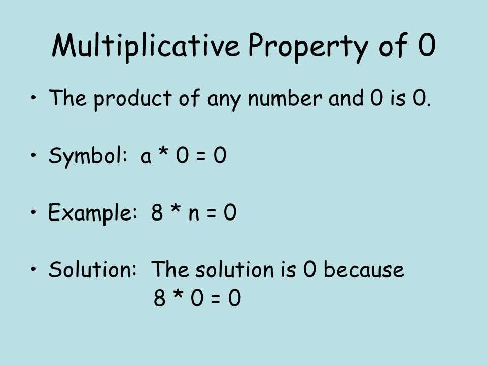 Multiplicative Property of 0 The product of any number and 0 is 0.