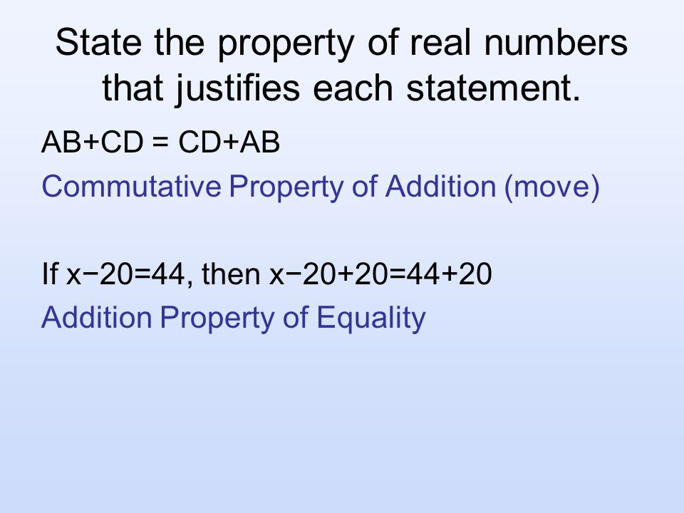 State the property of real numbers that justifies each statement.