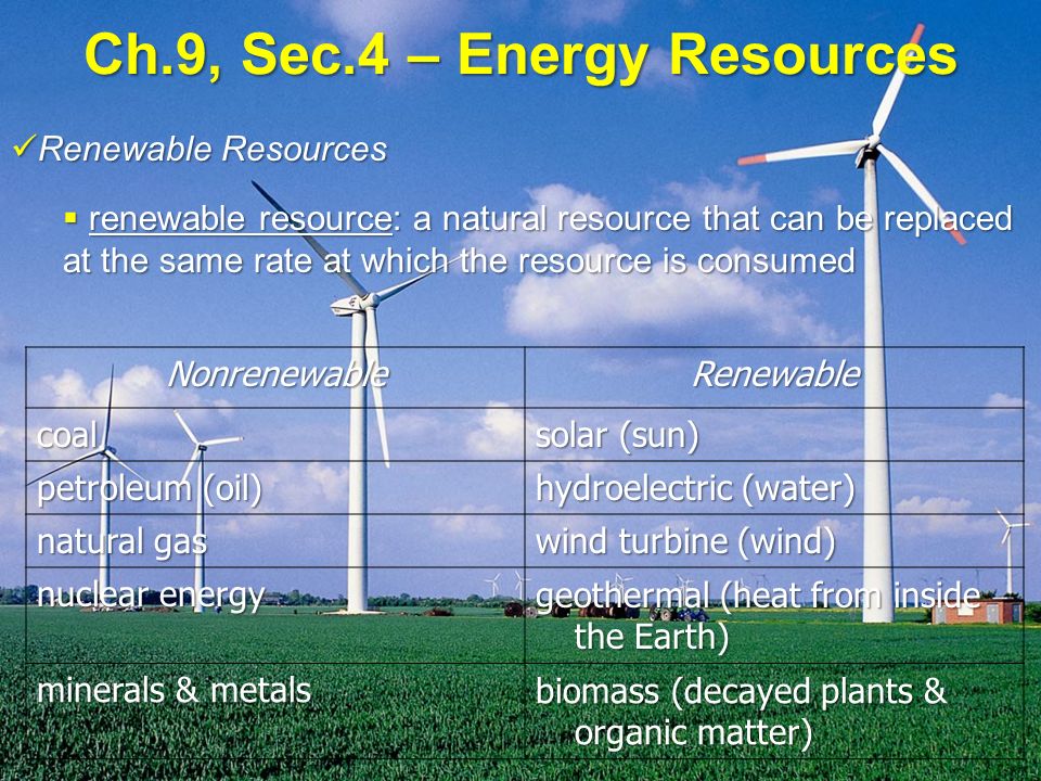 Ch.9, Sec.4 – Energy Resources Renewable Resources Renewable Resources  renewable resource: a natural resource that can be replaced at the same rate at which the resource is consumed NonrenewableRenewable coal solar (sun) petroleum (oil) hydroelectric (water) natural gas wind turbine (wind) nuclear energy geothermal (heat from inside the Earth) minerals & metals biomass (decayed plants & organic matter)