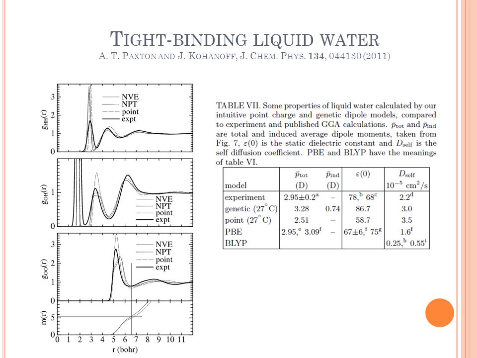 T IGHT - BINDING LIQUID WATER A. T. P AXTON AND J. K OHANOFF, J. C HEM. P HYS. 134, (2011)