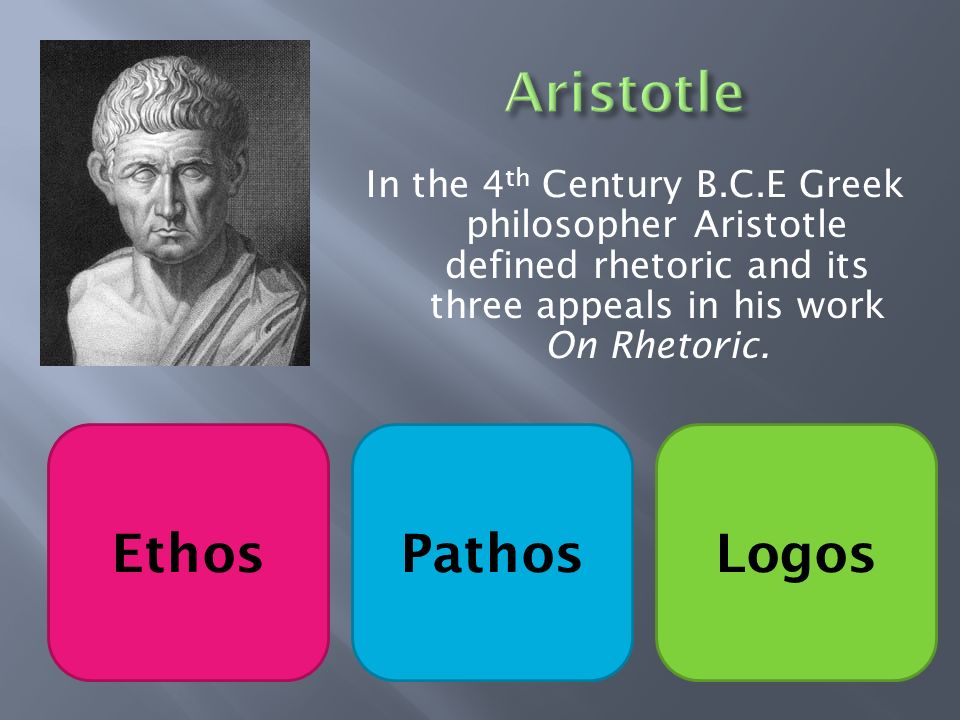 In the 4 th Century B.C.E Greek philosopher Aristotle defined rhetoric and its three appeals in his work On Rhetoric.