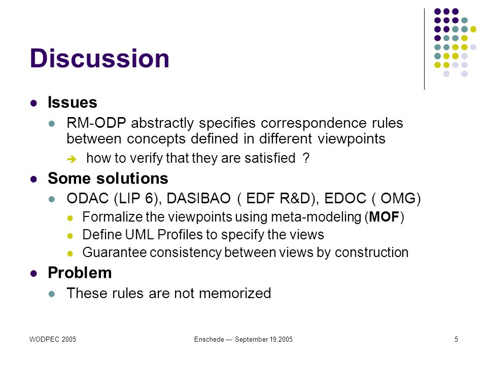 WODPEC 2005Enschede --- September 19,20055 Discussion Issues RM-ODP abstractly specifies correspondence rules between concepts defined in different viewpoints  how to verify that they are satisfied .