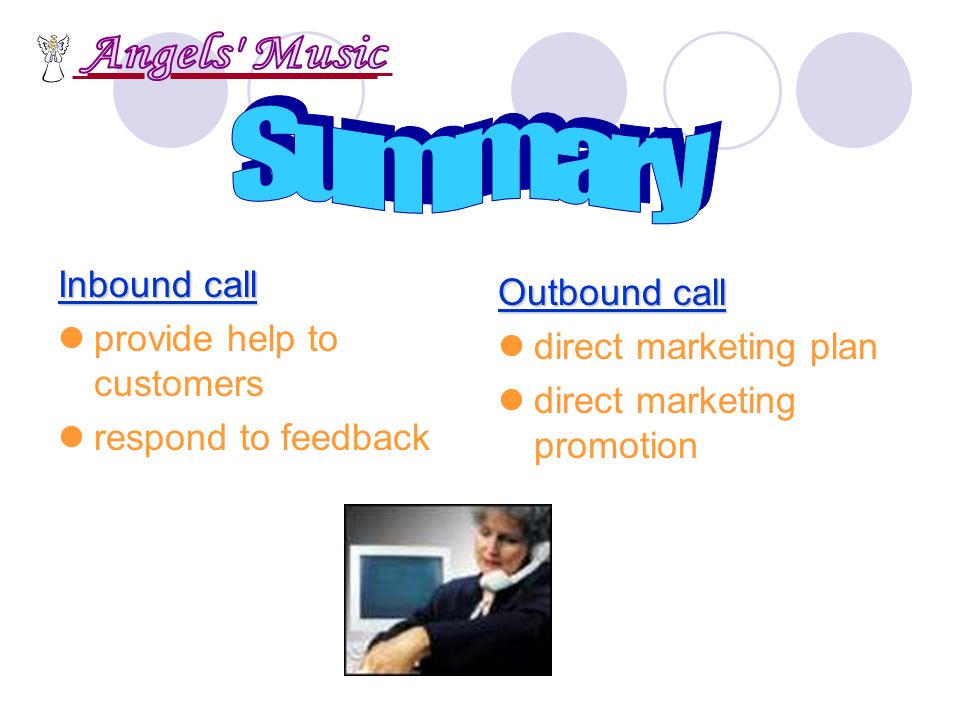 Inbound call provide help to customers respond to feedback Outbound call direct marketing plan direct marketing promotion