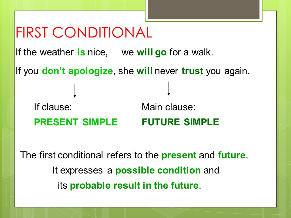 FIRST CONDITIONAL If the weather is nice, we will go for a walk.