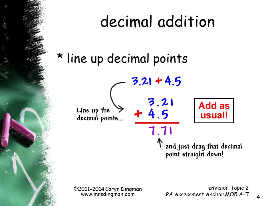 4 decimal addition enVision Topic 2 PA Assessment Anchor MO5.A-T * line up decimal points © Caryn Dingman