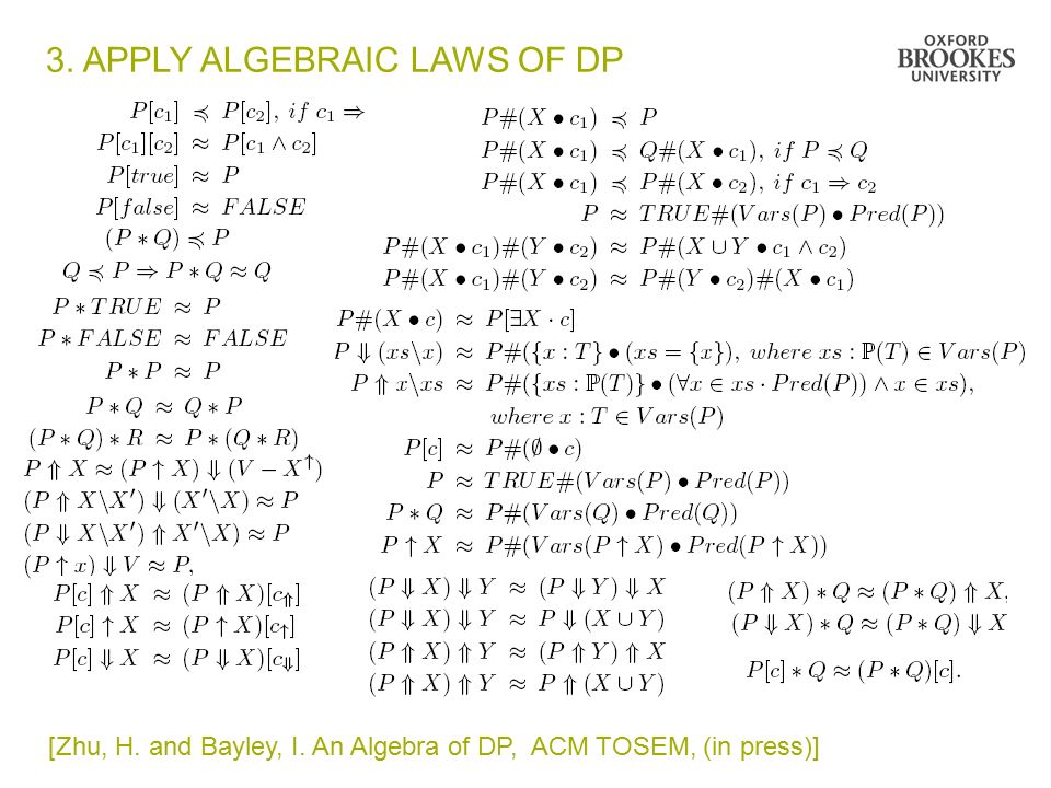 3. APPLY ALGEBRAIC LAWS OF DP [Zhu, H. and Bayley, I. An Algebra of DP, ACM TOSEM, (in press)]