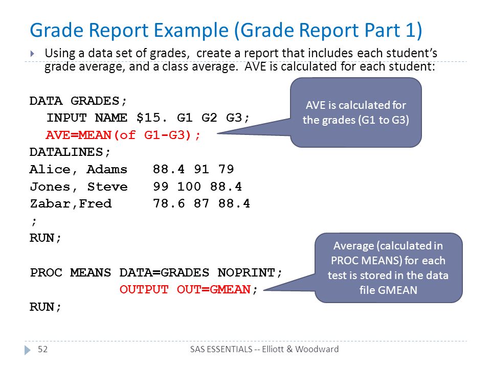Grade Report Example (Grade Report Part 1) SAS ESSENTIALS -- Elliott & Woodward52  Using a data set of grades, create a report that includes each student’s grade average, and a class average.