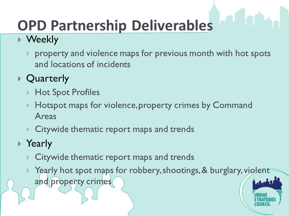OPD Partnership Deliverables  Weekly  property and violence maps for previous month with hot spots and locations of incidents  Quarterly  Hot Spot Profiles  Hotspot maps for violence, property crimes by Command Areas  Citywide thematic report maps and trends  Yearly  Citywide thematic report maps and trends  Yearly hot spot maps for robbery, shootings, & burglary, violent and property crimes