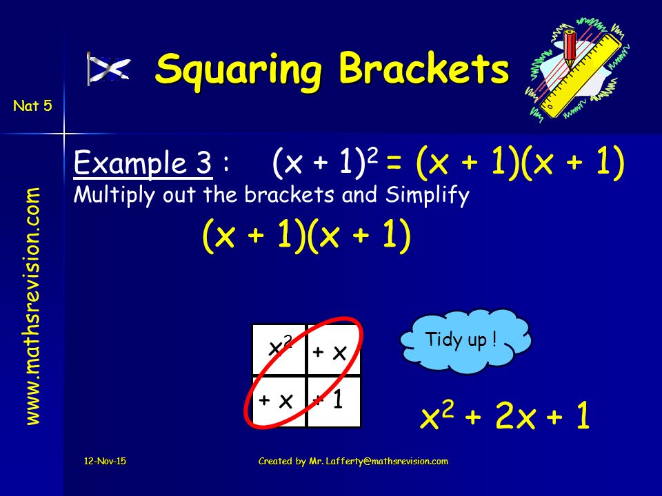 Nat 5 = (x + 1)(x + 1) Example 3 : (x + 1) 2 Multiply out the brackets and Simplify 12-Nov-15Created by Mr.