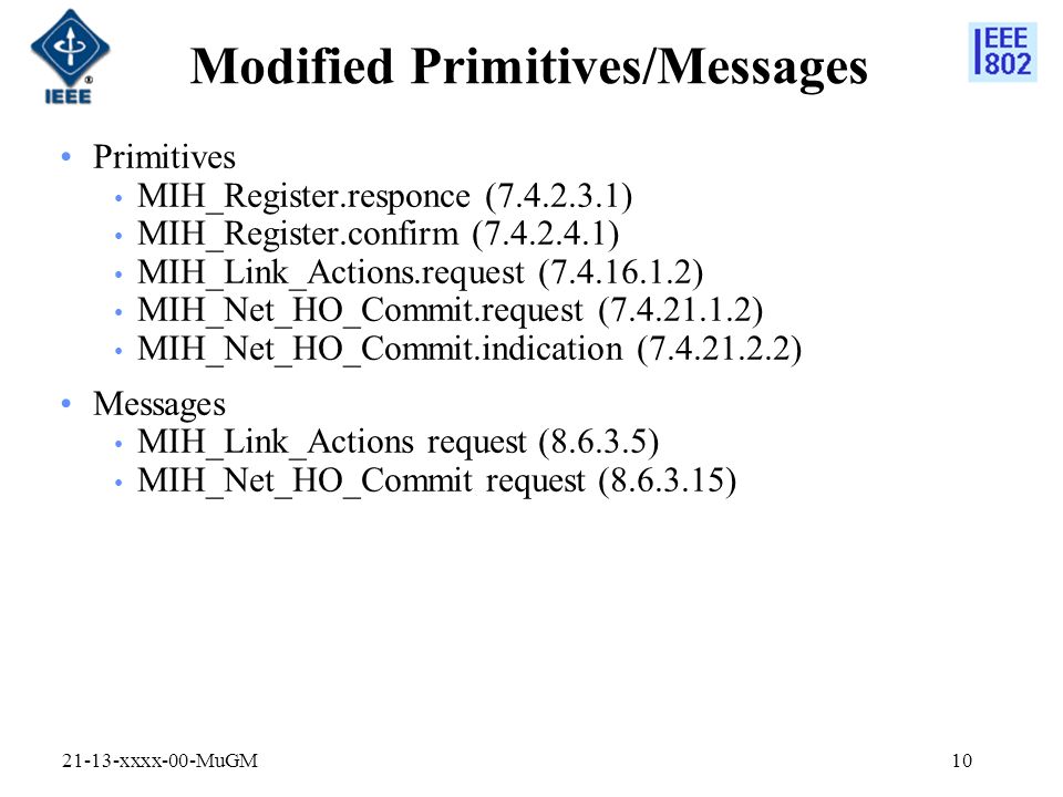 Modified Primitives/Messages Primitives MIH_Register.responce ( ) MIH_Register.confirm ( ) MIH_Link_Actions.request ( ) MIH_Net_HO_Commit.request ( ) MIH_Net_HO_Commit.indication ( ) Messages MIH_Link_Actions request ( ) MIH_Net_HO_Commit request ( ) xxxx-00-MuGM10