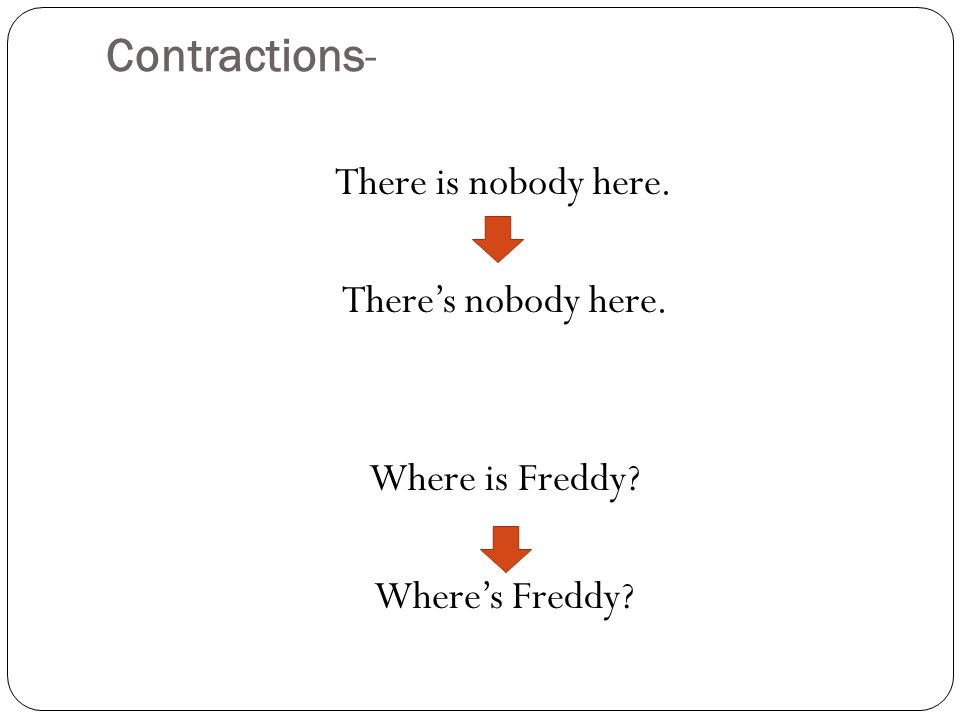 Contractions- There is nobody here. There’s nobody here. Where is Freddy Where’s Freddy