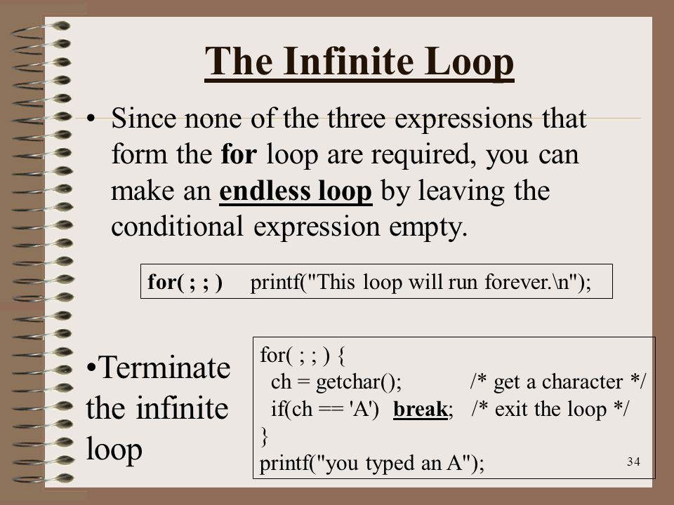 34 The Infinite Loop Since none of the three expressions that form the for loop are required, you can make an endless loop by leaving the conditional expression empty.